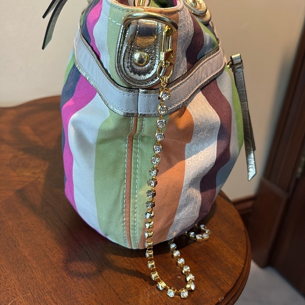 Coach 19026 poppy striped bag tote Crossbody/rhinestone chain add gold leather - Picture 16 of 17